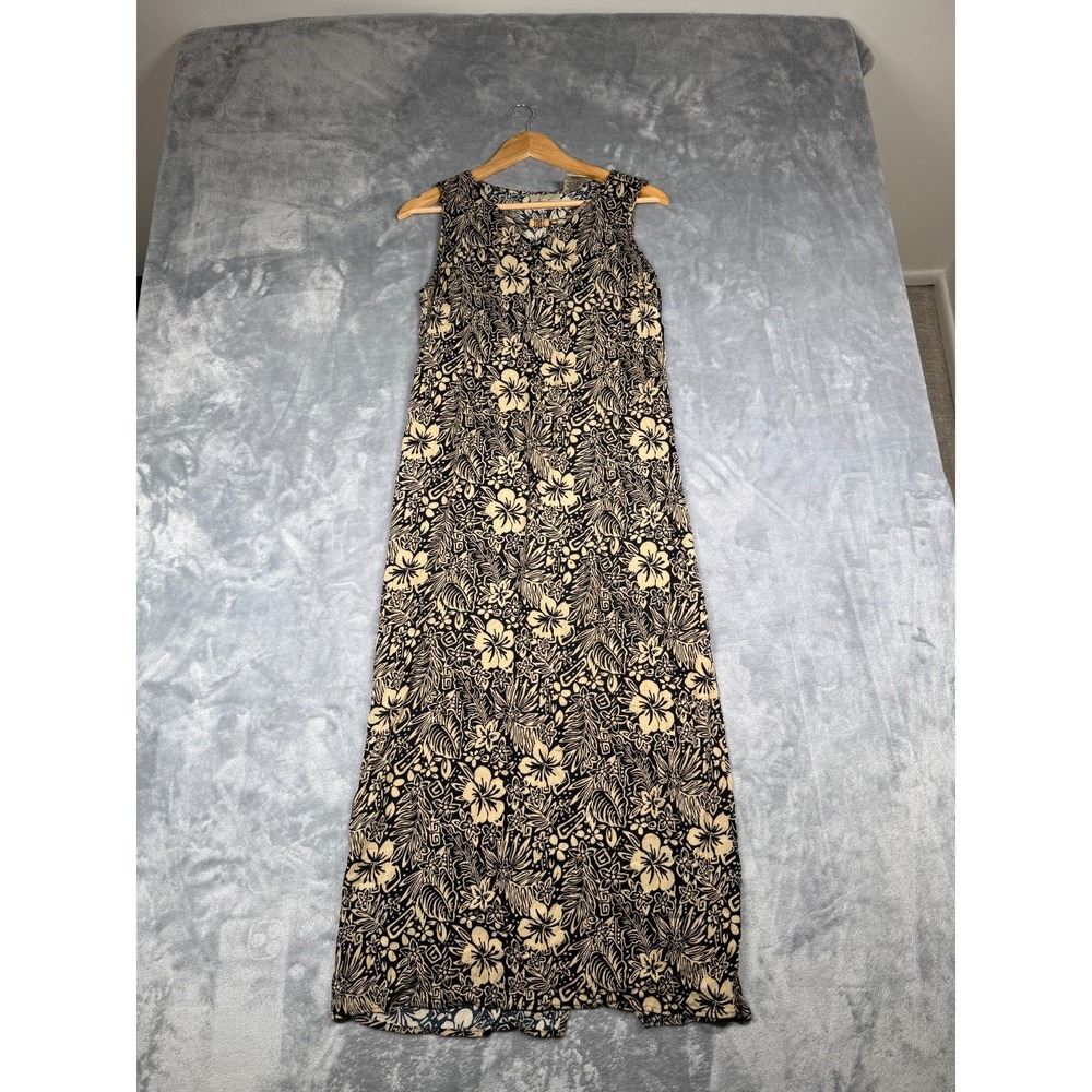 Kathie Lee Collection Maxi Dress Women Small Cream Black Floral Wooden Bead Neck